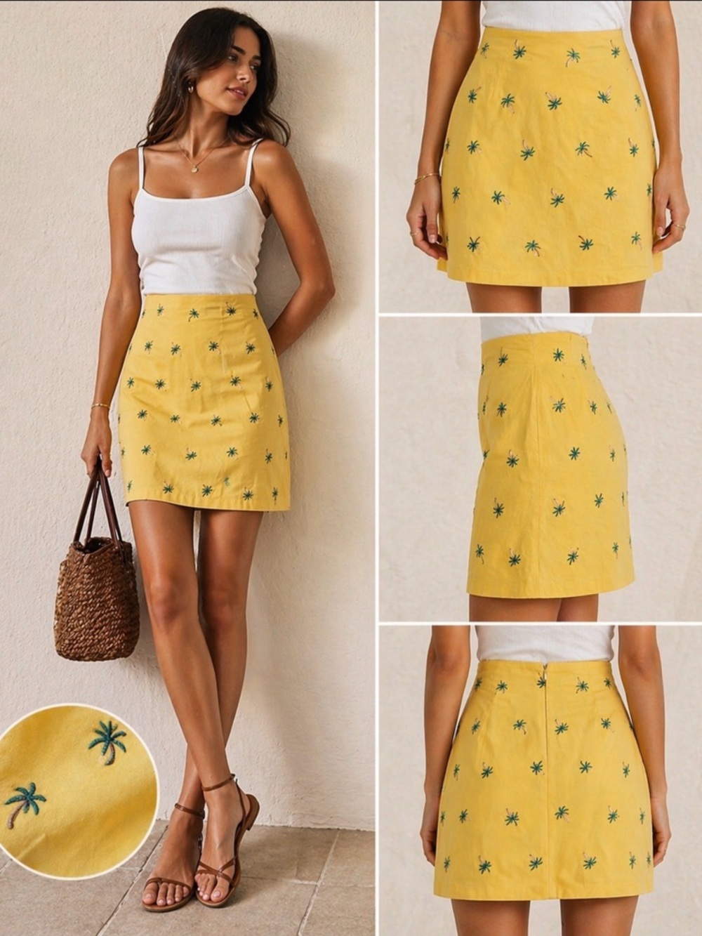 Talbots Yellow Palm Tree Embroidered Skirt Size 12 Summer Tropical Lightweight 🧵